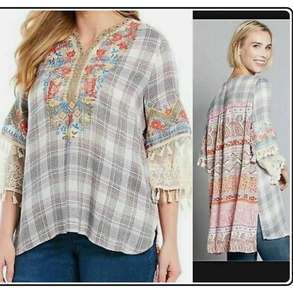John Mark Starwood Boho Floral Tunic Blouse Top Embroidered Lace Coastal L